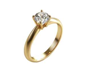 Ein goldener Ring mit einem glänzenden, klaren Diamanten auf weißem Hintergrund.