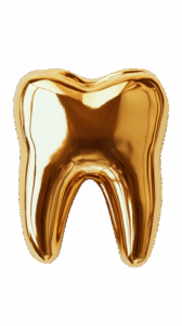Goldener, glänzender Zahn, schimmernd, mit realistischen Proportionen und glatt reflektierenden Oberflächen.
