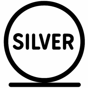 Runder Silberrahmen mit schwarzem "SILVER"-Text, schlichtes Design.