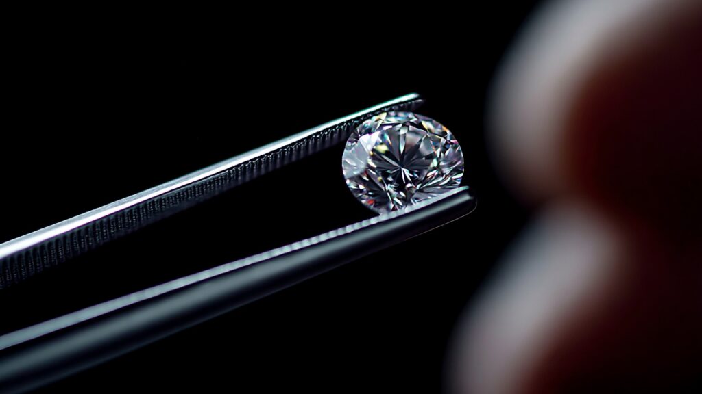 Nahaufnahme eines funkelnden Diamanten, der mit einer Pinzette gegriffen wird